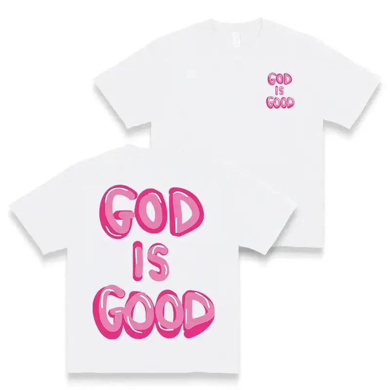 

Black & Pink Letter Print Drop Shoulder T-Shirt - "GOD IS GOOD" Casual Women's Top, Oversized Fit, Round Neck, Machine Washable