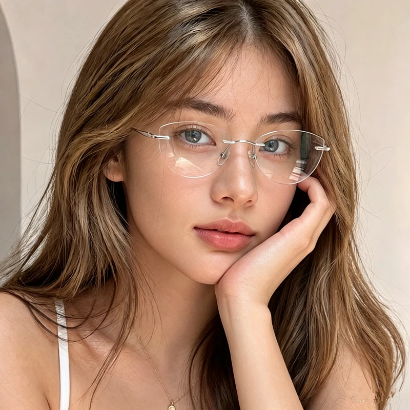 Women's pure titanium frameless cat eye glasses frame customized prescription glasses for myopia, farsightedness, and anti blue