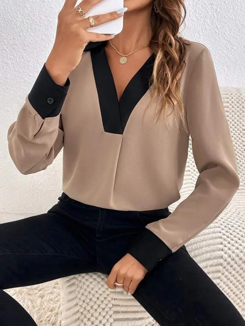 Women\'s Fashion V-neck Contrast Long Sleeve Casual Shirt 2023 Autumn/Winter New Elegant Office Lady Blouse Women Tops S-XXL