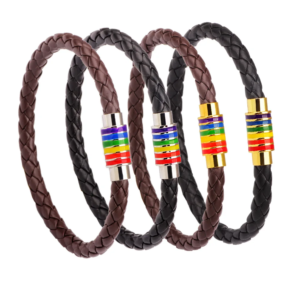 St.kunkka Black Brown Genuine Braided Leather Bracelet Women Men Stainless Steel Gay Pride Rainbow Magnetic Charms Bracelet Gift