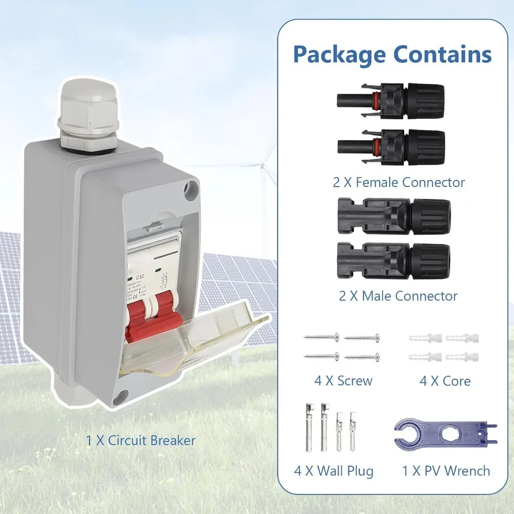 Metal Disconnect Switch 2 Pole 30 Amp Miniature Circuit Breaker with Cable and PV Connecto Non Polarized PV Disconnect Switch
