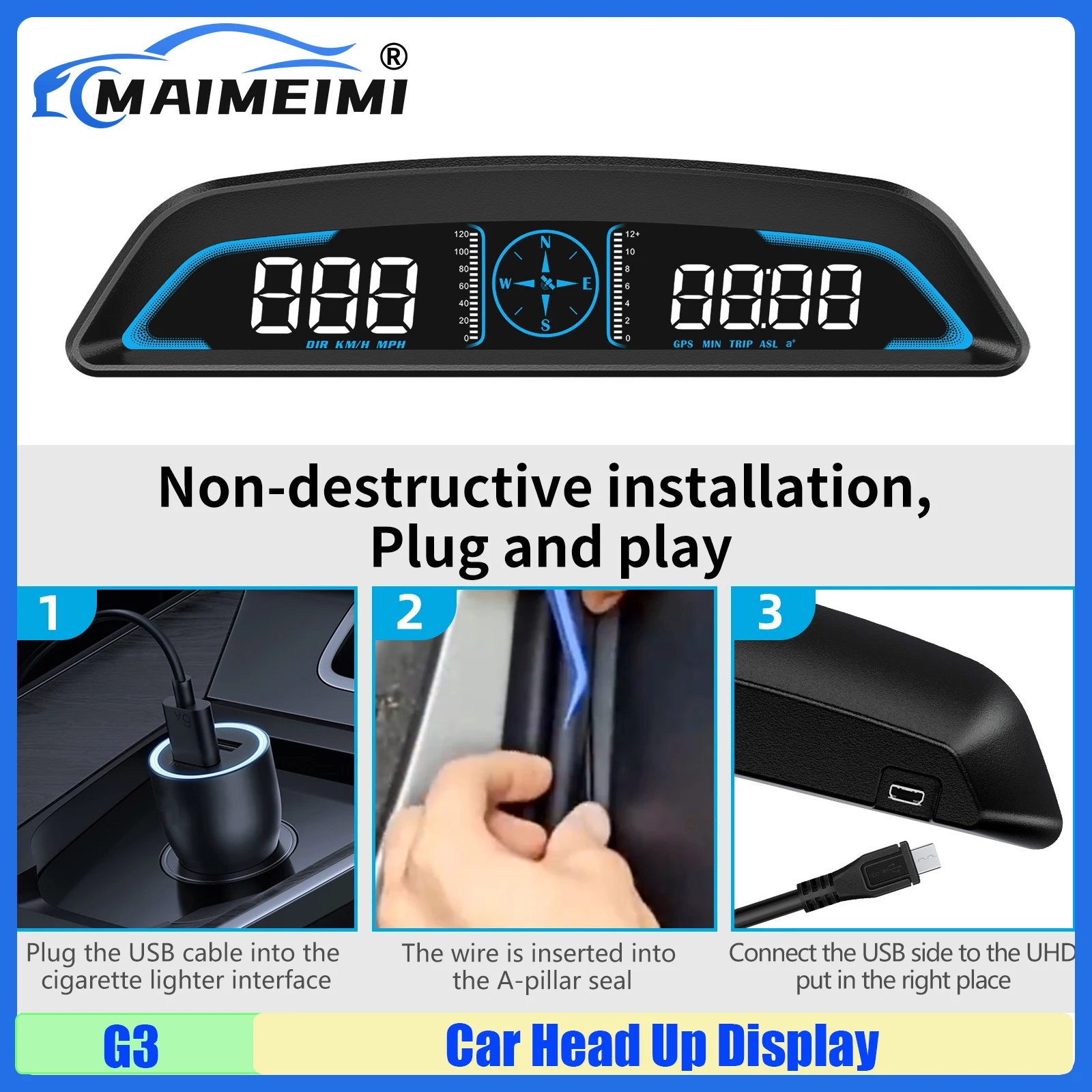 

MAIMEIMI Smart G3 Автомобильный HUD GPS Спидометр GPS Цифровой проекционный дисплей Часы вождения Охранная сигнализация Электронные аксессуары