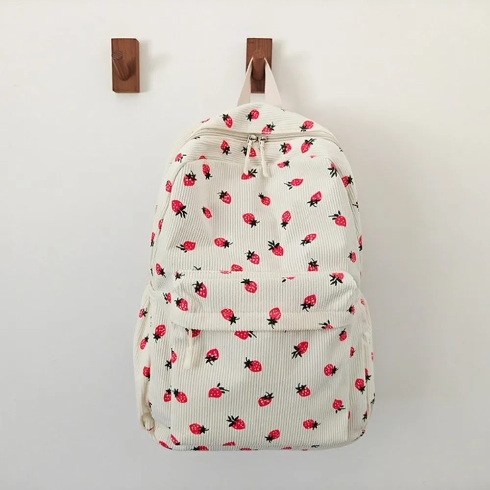 Fashion Strawberry Corduroy Backpack Lightweight Solid Color Students School Bag Portable Japanese Style Students Daypack Work