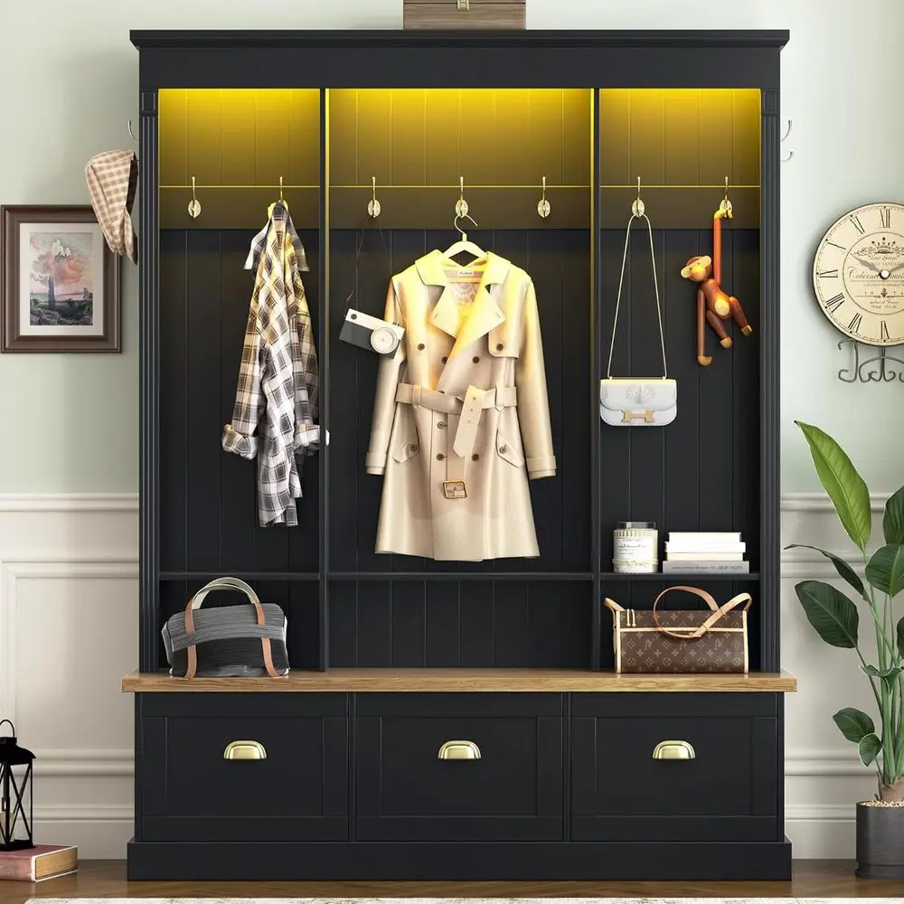 

Black Entryway Storage Bench with LED Light, Coat Rack, and 9 Hooks