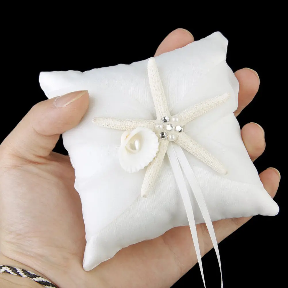 Wedding Ring Pillow Beach Theme 10x10cm White Satin Ribbon Star Buckle Shell Ring Bearer Pillow for Ceremony Keepsake