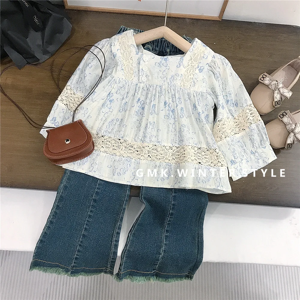 Korean Spring Autumn Baby Girls 2PCS Clothes Set Cotton Lace Floral Printed Blouses Suits Loose Elastic Waist Denim Pant Outfits