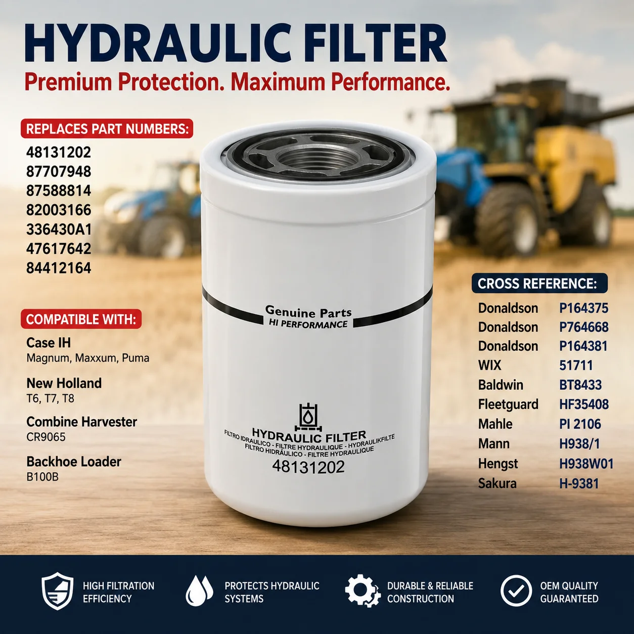48131202 87707948 Filtro Hidráulico para Tractor Case IH Magnum Maxxum Puma New Holland T6 T7 T8, Retroexcavadora CR9065 B100B