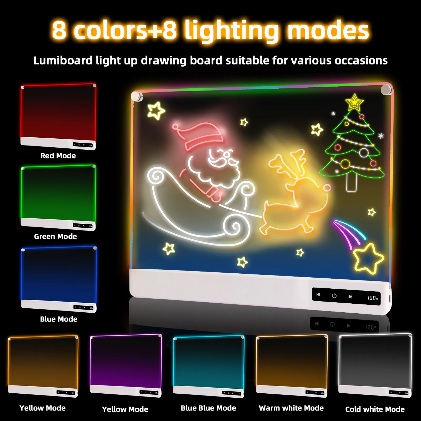 子供用led光るお絵かきボード-充電式ライトアップ落書きパッド-8色照明モード-消せるライティングタブレット