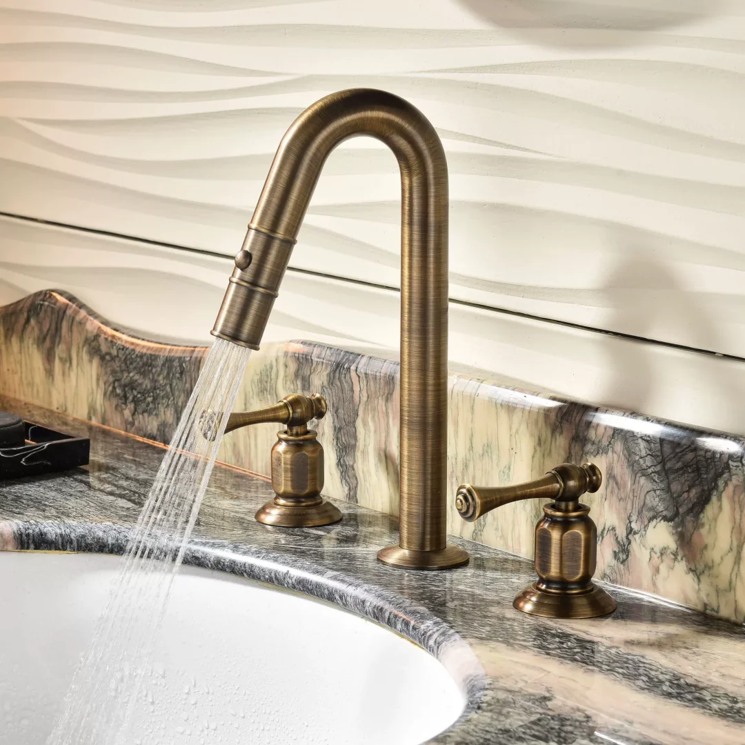 Antique Bronze Brass Basin Faucet with Shower Head Bathroom Faucet Sink Tap Widespread Pull Out Water Faucet Brass Sink Mixer