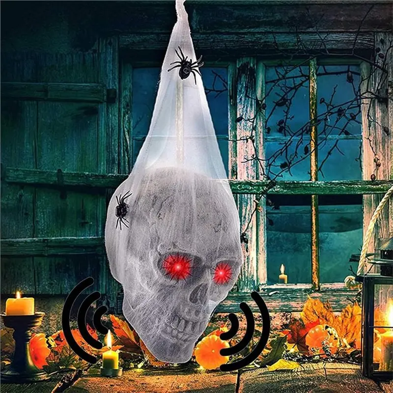 ABNL Halloween Decorations Animatronics Skull Head With Light Up Eyes, Cobwebs And Spiders Scary Horror For Haunted House Party view 6