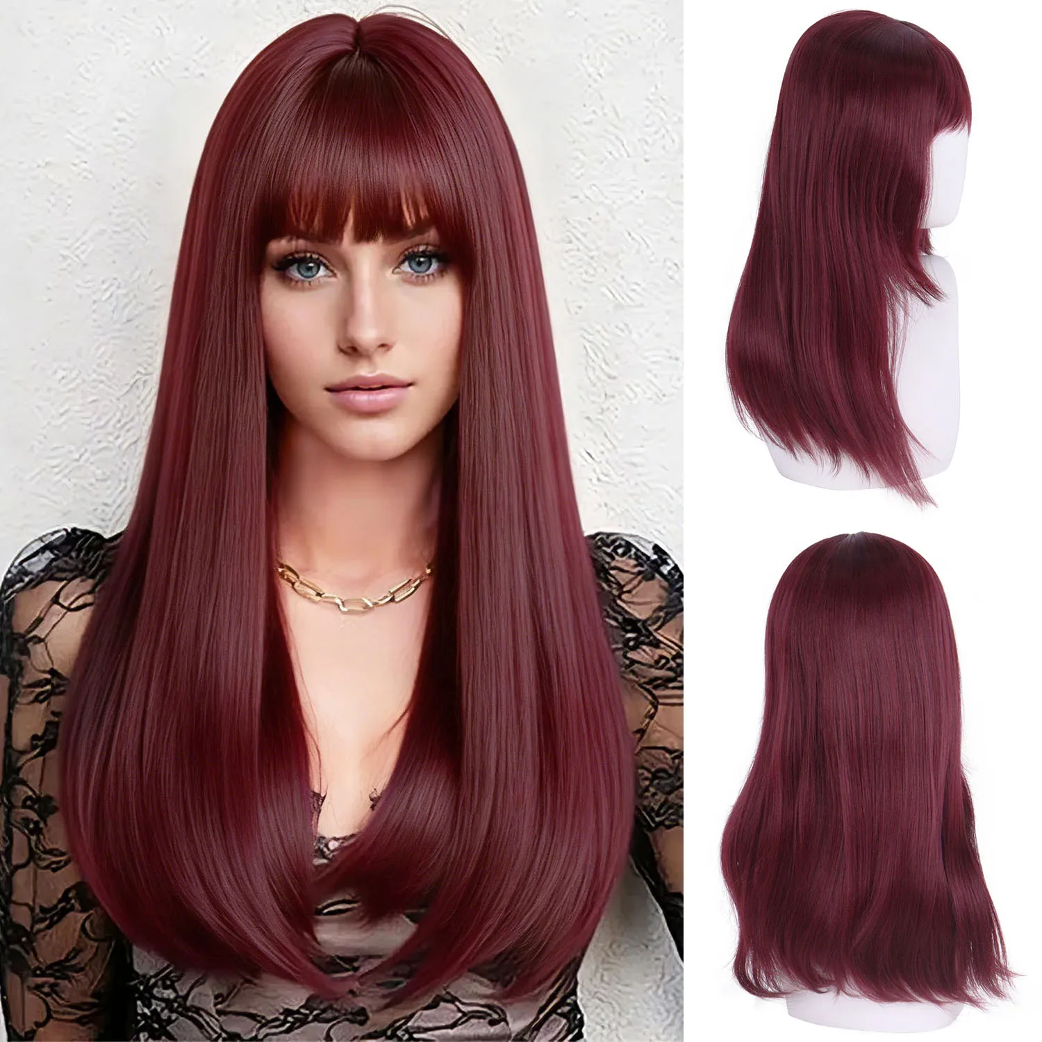 

Red Hair Natural Synthetic Long Straight Wig with Bangs 22 Inch Wine Red Wig Daily Halloween Costume Carnival Party Mommy Wig
