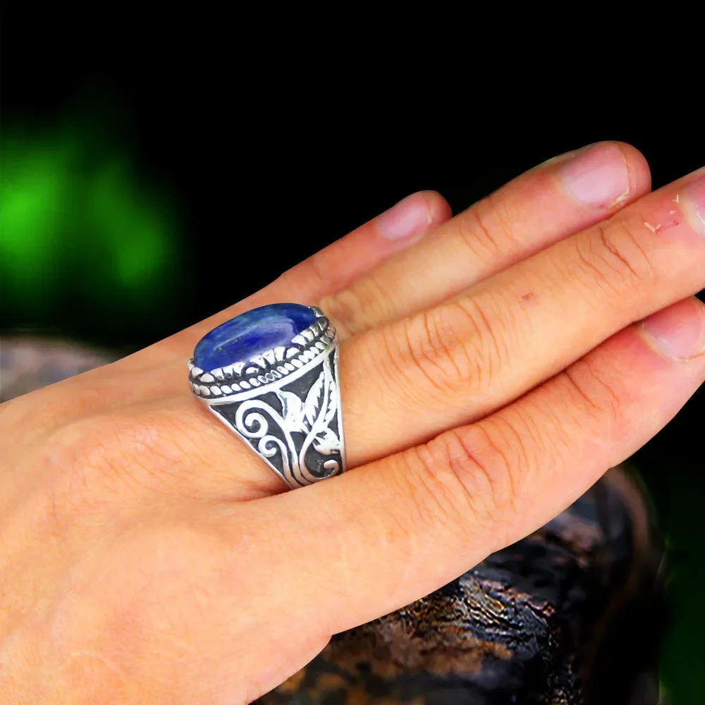 Oval Lapis Lazuli Stainless Steel Rings Natural Stone Leaf Plant Vintage Fashion Jewelry TR730