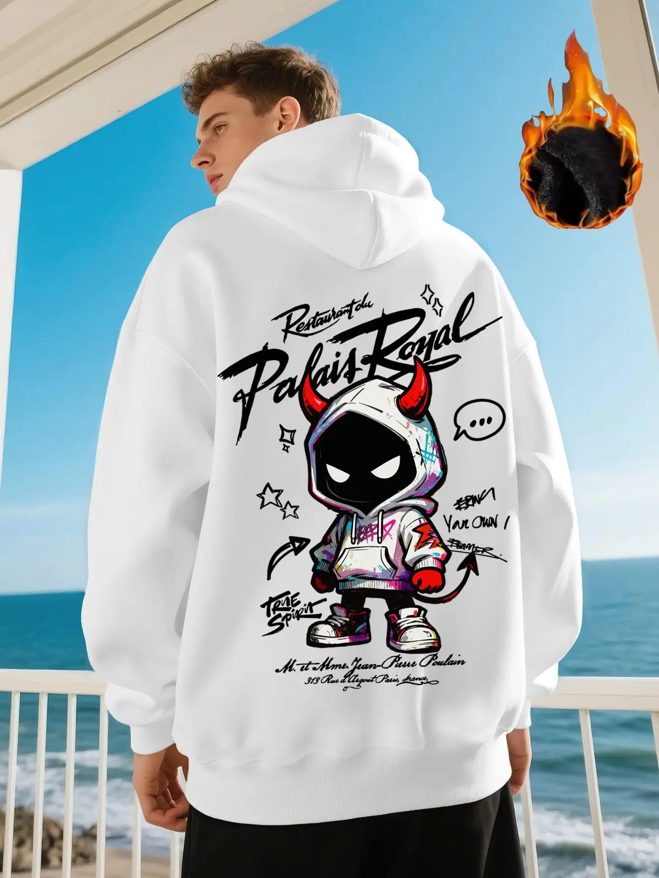 Doodle-style cool and handsome little devil pattern printed men's fall-winter casual sports street fashion warm hoodedsweatshirt