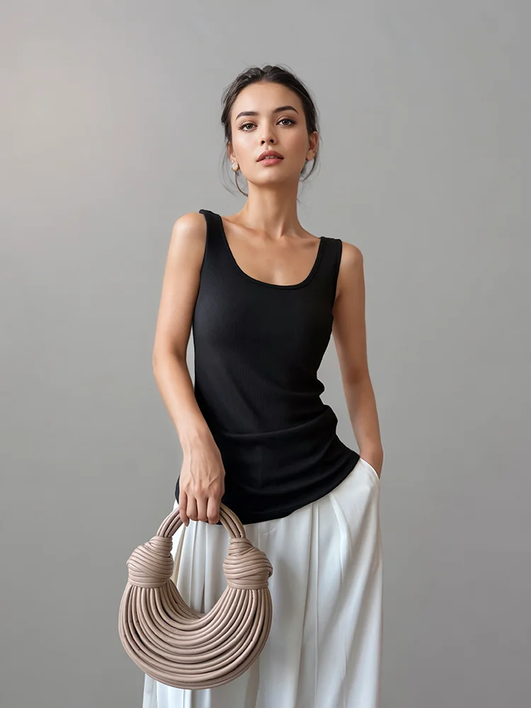 

Женский летний базовый топ-майка Angjia American Sle Spicy Girl средней длины с U-образным вырезом, черный