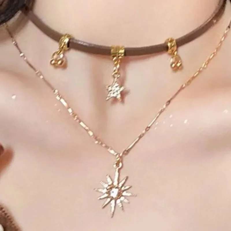 Double Layered Sunflower Brown Leather Necklace for Women Niche Design Collarbone Necklace Fashion and Personalized Oжерелье