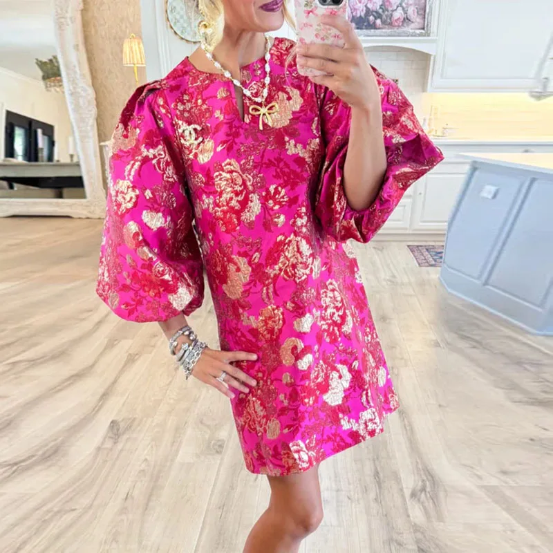Trendy Woman Clothes 2025 Spring Elegant O Neck Flower Print Jacquard Dress Autumn 3/4 Puff Sleeved Straight Evening Dress Mujer