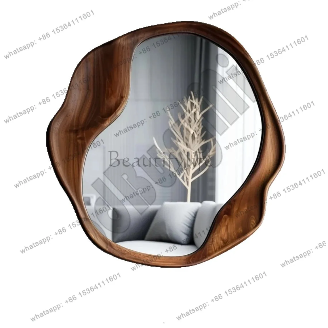 

French retro new Chinese round wooden art mirror household medieval entrance background wall decorative mirror
