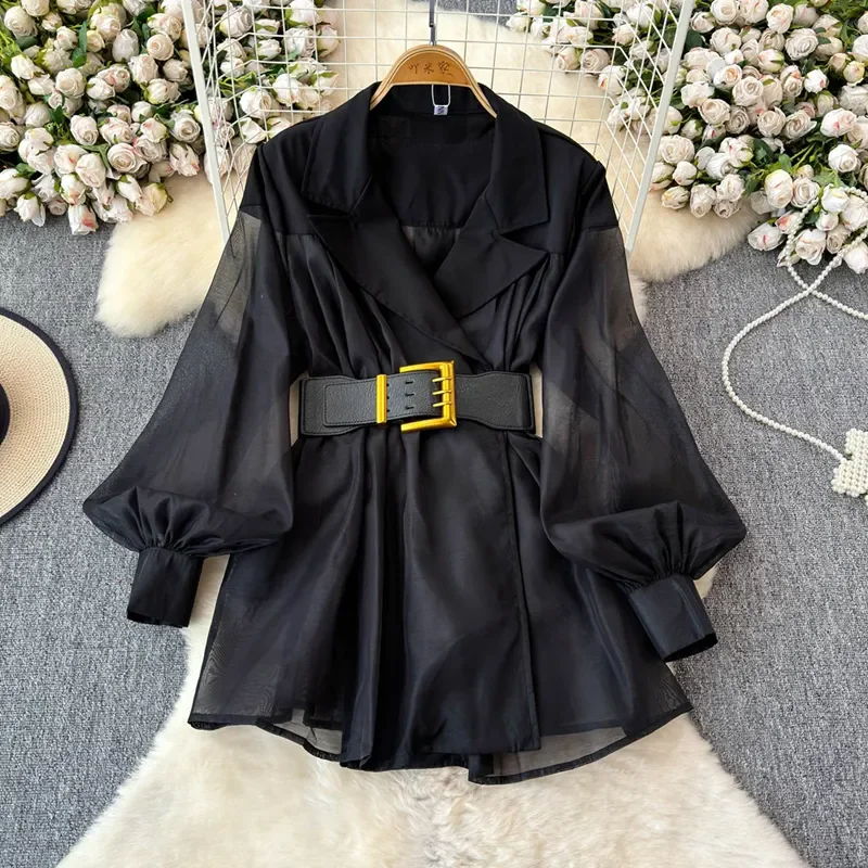 

Chiffon Shirt Coat Women Spliced Mesh Sexy Hollow Out Long Sleeve Shirt Spring Loose Belt Lapel Blouse Female Tops JJ674