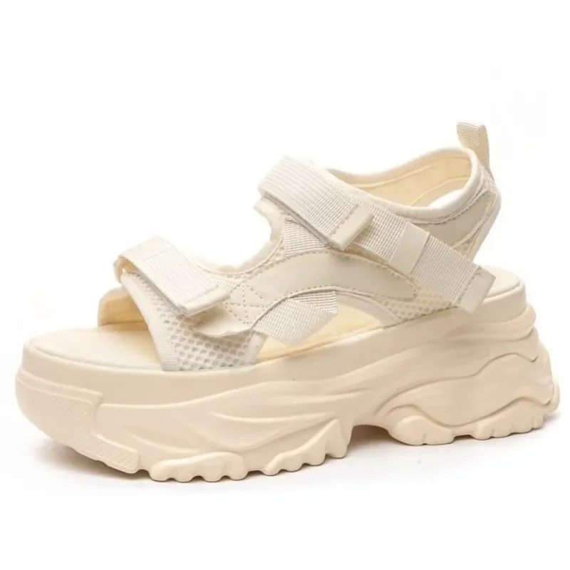 

7cm Air Mesh Synthetic Women Sandals Platform Chunky Ins Casual Summer Shoes Hollow Beige Thick Sole Black Comfy Peep Toe 2024