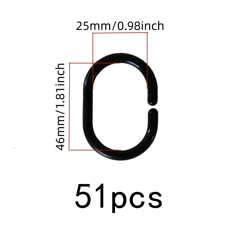 51 pcs Black Curtain Hooks, Black C-Type Design, Hotel Bath Tub Area Home Toilet Partition, Smooth Glide No Stick