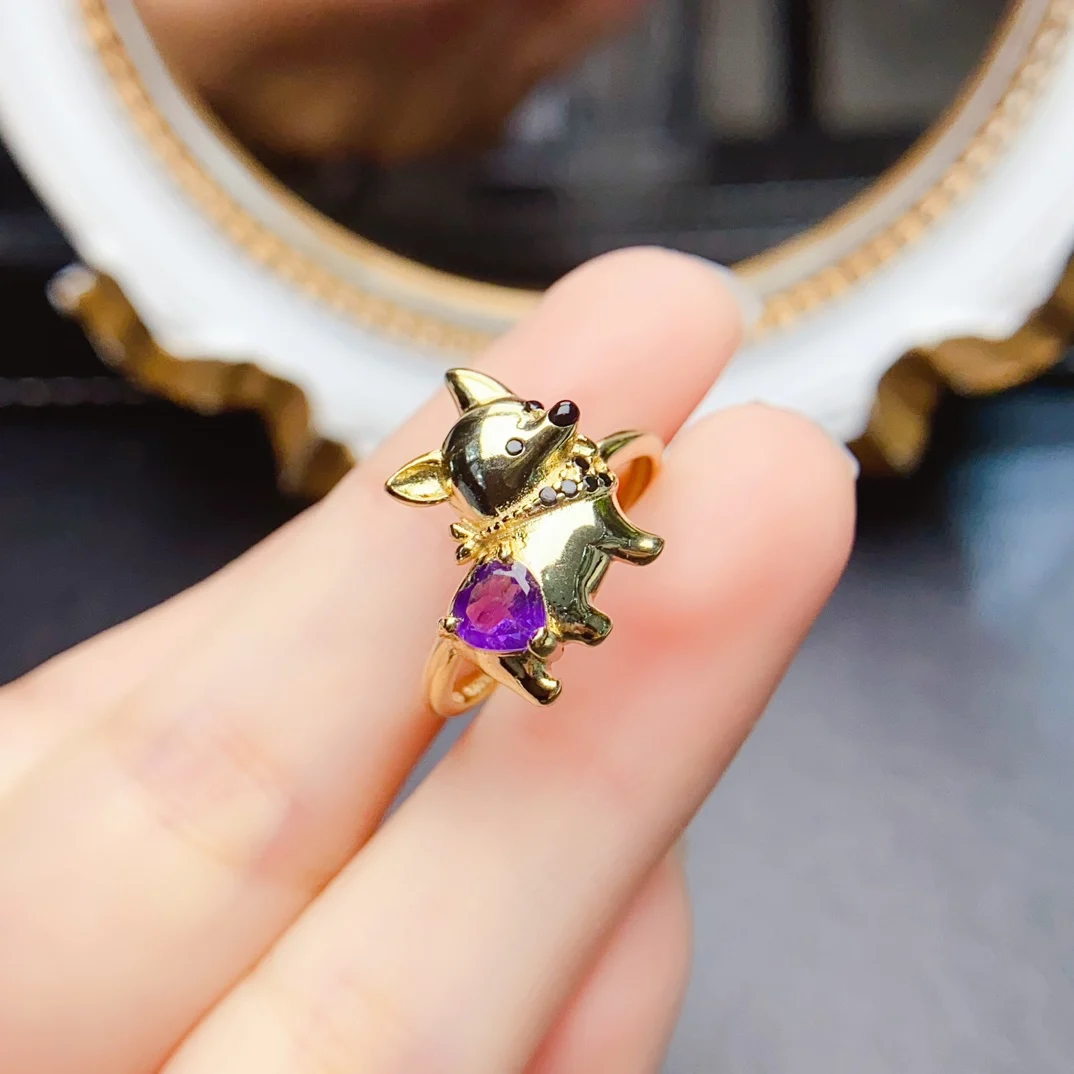 FS S925 Sterling Silver Inlay 5mm Natural Amethyst Corgi Dog Ring for Women Fine Charm Wedding Jewelry With Certificate MeiBaPJ