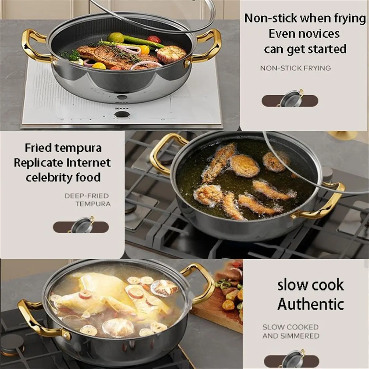 A67T NEW Stainless Steel Frying Pan Non-Stick Soup Pot Wok Home Honeycomb Induction Cooker Stove Stew Kitchen Cookware
