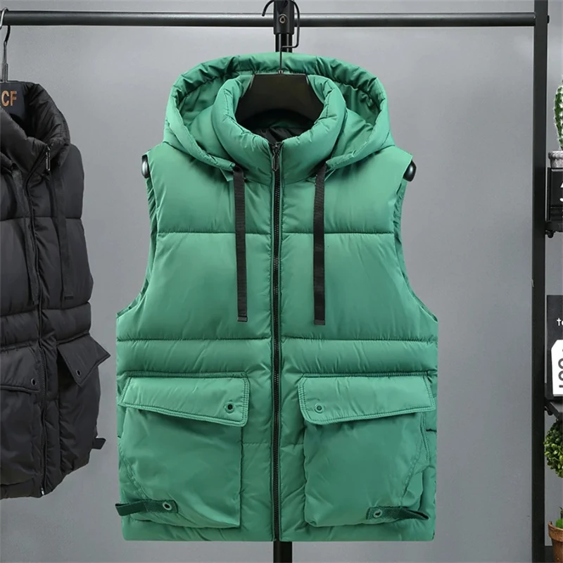 Men's Hooded Vest Winter Zipper Warm Stand Collar Waistcoat Men Cotton Padded Sleeveless Jackets with Big Pockets 2026