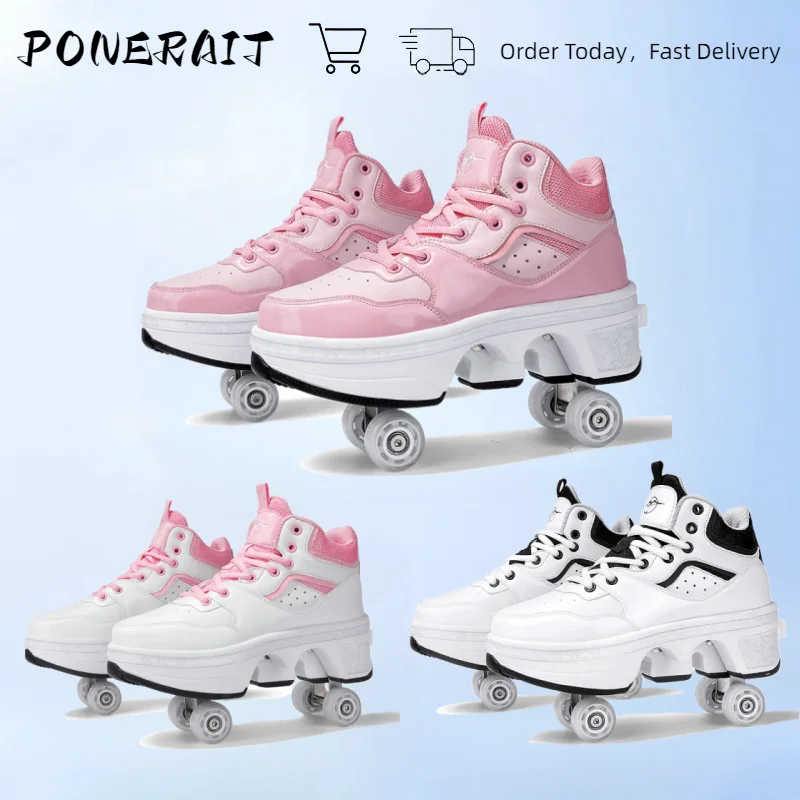 4 Wheels Rollers Shoes For Kids Parkour Deform Sneakers Walking Running Casual Shoe Unisex Outdoor Sports  Roller Skating Shoes