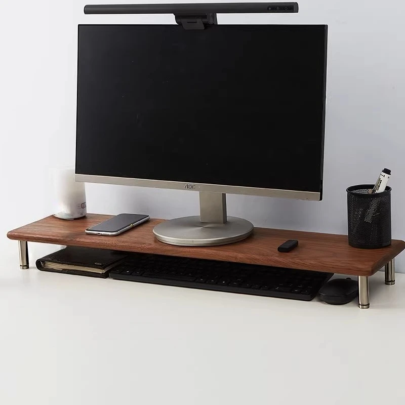 Walnut Wood Monitor Base Stand Desktop Metal Increase Height Rack Computer Office Organizer Racks Storage Space Saving Holders