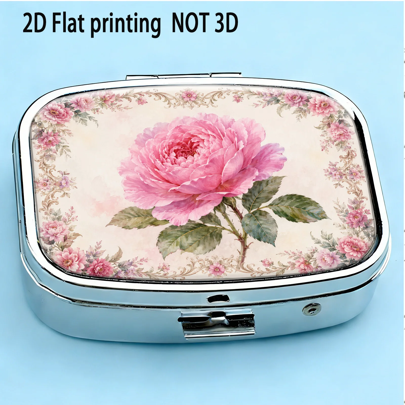 Vintage Lace Border with Floral Patterns of Pink Peonies and Roses, Small Square Pill Organizer with Two Compartments, Portable Medicine Storage, Can Also Be Used as a Home Portable Organizer, Decorative Box, Perfect for Handbags, Wallets, and Travel, Metal Storage Box, Small Jewelry Organizer, Ideal for Holiday Gifts, Souvenirs, Prizes, and Small Gifts