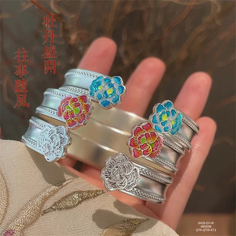 

Silver 999.9 Ancient Enamel Peony Open Solid Bracelet Blue