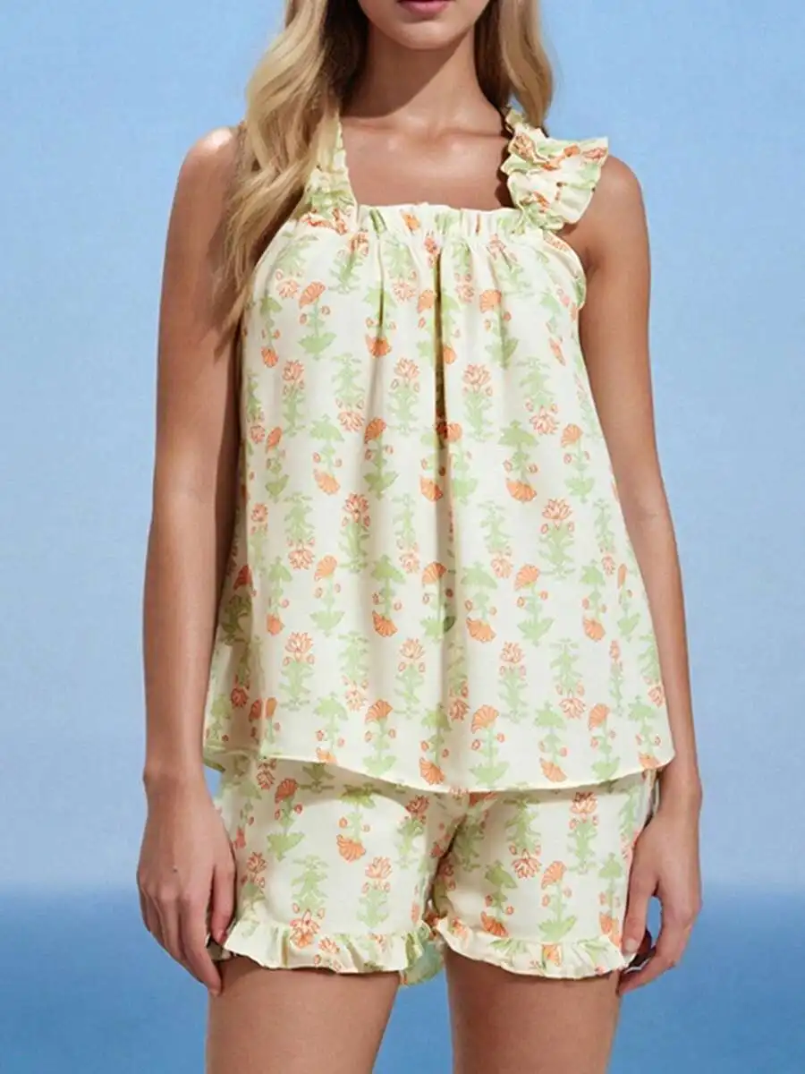 

2-Piece Women Floral Print Summer Set Square Neck Sleeveless Top Ruffled Shorts