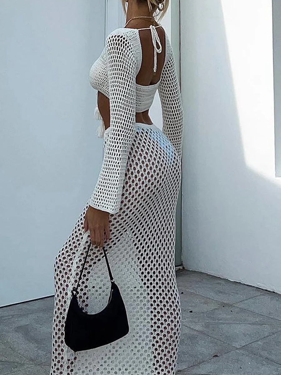 Women s Summer 2PCS Outfit Sets Long Sleeve Tie Up Crop Tops White Long Knit Hollow Skirt