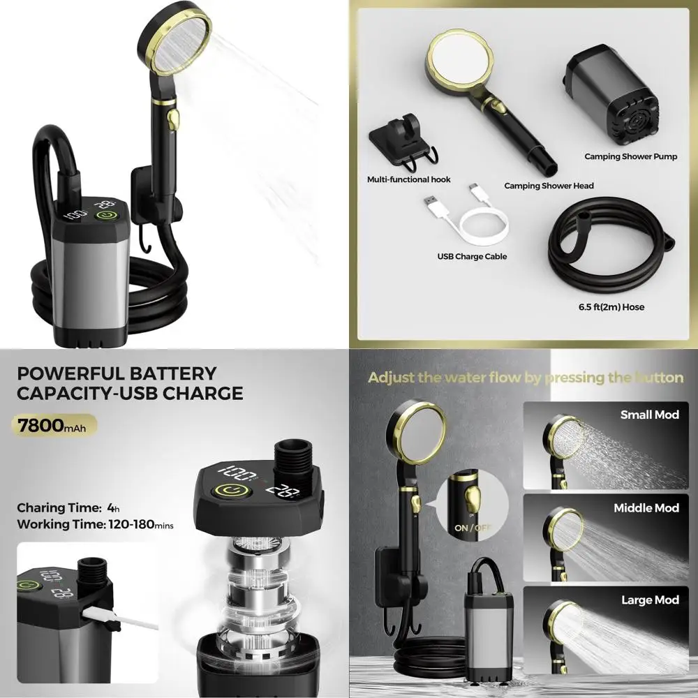 

Long-Lasting 7800mAh Rechargeable Shower for Camping, Hiking, Travel, and Outdoor Adventures with 4 Spray Modes and IPX7 Waterpr