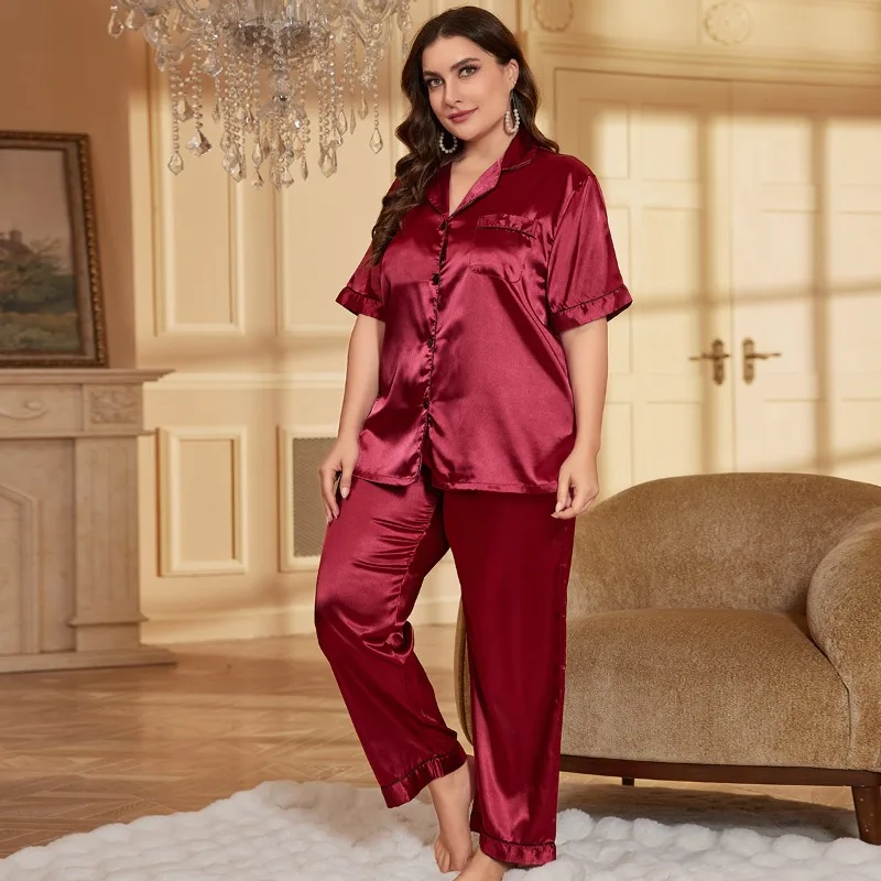 Frauen Sommer Plus Größe Seide Wie Pyjama Set Mode Casual Hemd Stil Nachtwäsche Sexy Bequeme Hause Tragen