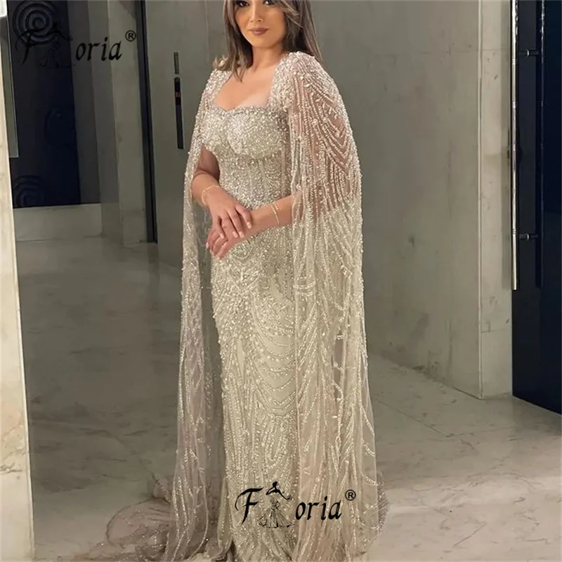 Dubai Mermaid Shinning Cape Sleeve Evening Dresses For Wedding Party 2024 Pearls Sequin Formal Celebrity Dress Champagne Beads