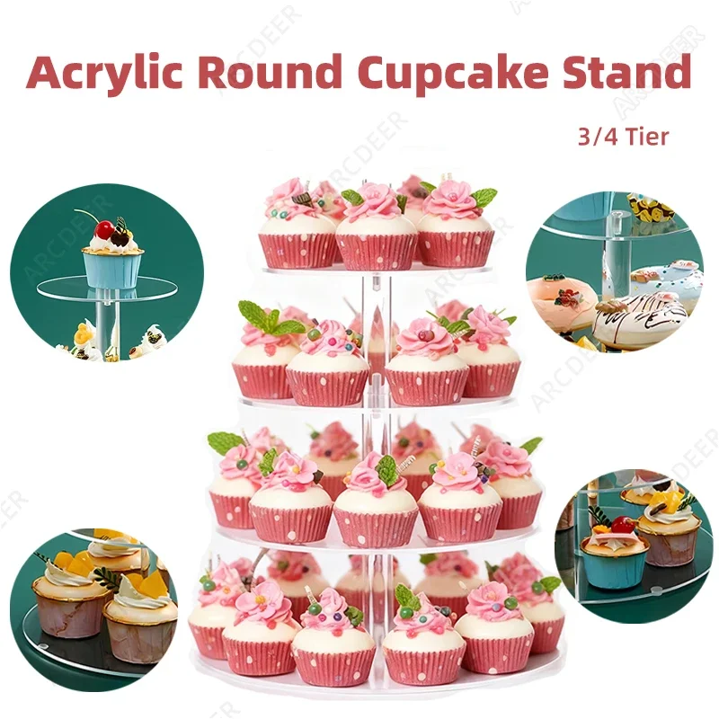 

3/4 Tier Acrylic Round Cupcake Stand Wedding Birthday Dessert Display Stands Multi Layer Fruit Tray Cake Holder for Large Party