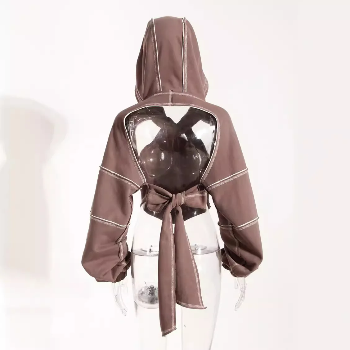 2025 Spring Women's Short Hooded Hoodie Hiphop Long Sleeve Top Personalized Design Color Contrasting Clear Thread Stacked Hoodie