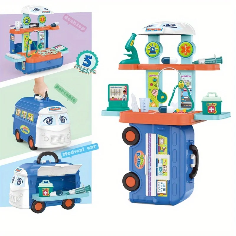 ชุดหมอสําหรับเด็ก 5 in 1 Doctor Play Kit เด็กแกล้งทําเป็นจําลองพลาสติกของเล่นเพื่อการศึกษาชุดรถบัสสําหรับอายุ 3 + ชายหญิง