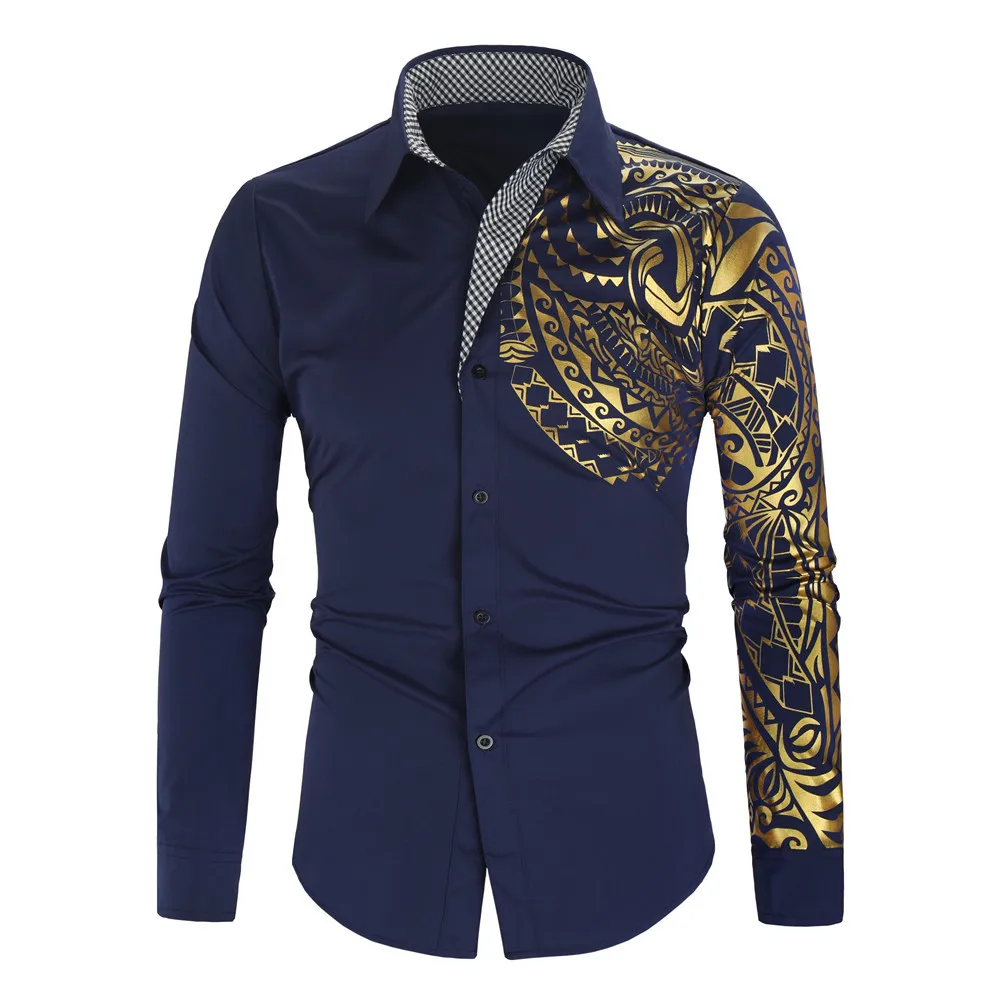 Camisa ajustada con estampado dorado para hombre, camisa informal de manga larga, moda coreana, ropa para hombre