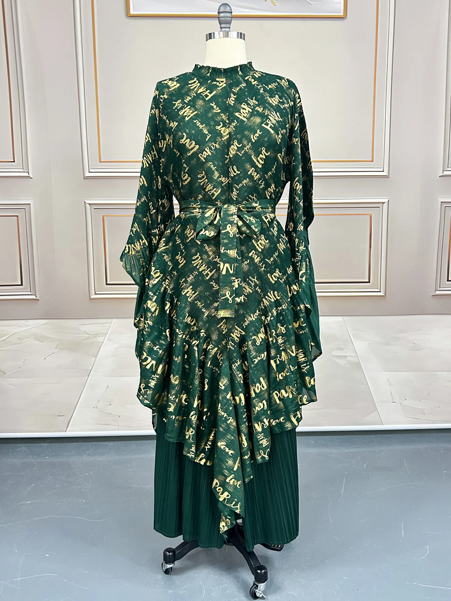 

Chic And Elegant 2-Piece Women's Set Miyake Pleated Casual Wide Leg Pants Gold Stamped Long Sleeved Top Female Plus Size Outfit