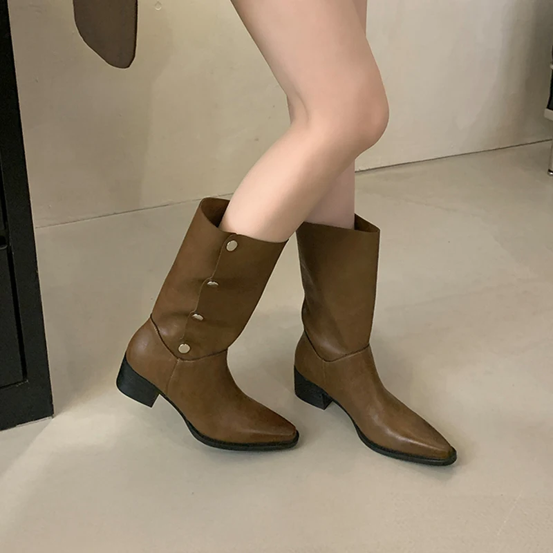 Fashion Versatile Chunky Boots Women Pointed Toe Button Street Style Party Banquet Catwalk Short Shoes botas para mujer