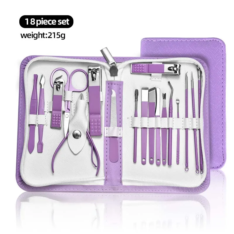 طقم مانيكير من الفولاذ المقاوم للصدأ 9/18/24/30 قطعة باللون الأرجواني المبهر والأزرق - مقص أظافر على الطراز الحديث مع شفرة محدبة، غير معطرة