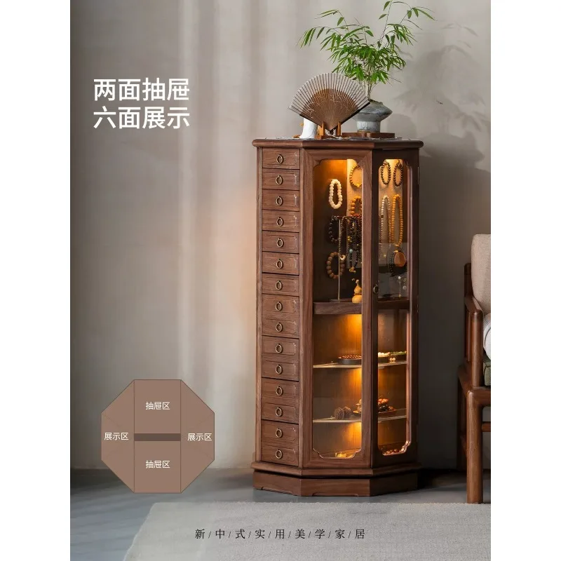 New Chinese solid wood rotating cabinet glass display cabinet Wenwan storage chest