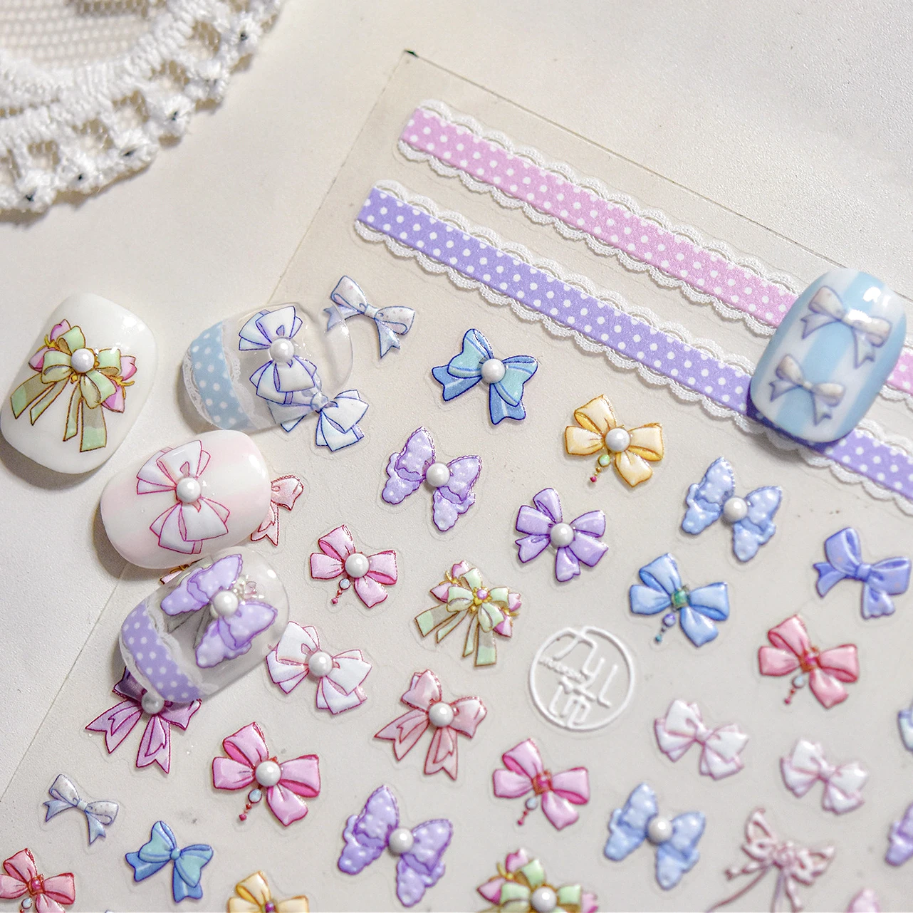 

Lovely Bowknot Tie Ribbon Pearl Colourful Lace Pearl Cording Macaron Color Silk Self Adhesive Nail Art Stickers Manicure Decals