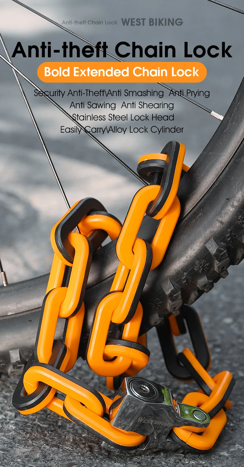 WEST BIKING Bicycle Lock MTB Road Bike Heavy Duty Safety Anti-Theft Chain Lock for Motorcycle Lengthen Thicken Chain Anti-Rust