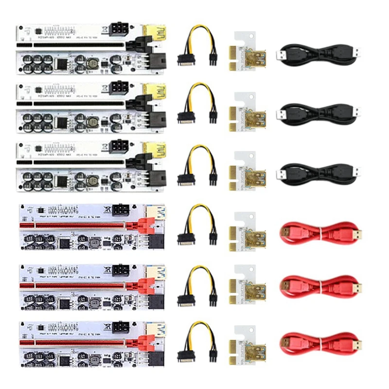 6Pcs PCI-E Riser Card VER012 MAX PCI Express X1 To X16 Extender PCI E USB3.0 Cable SATA 6Pin Adapter For GPU Mining