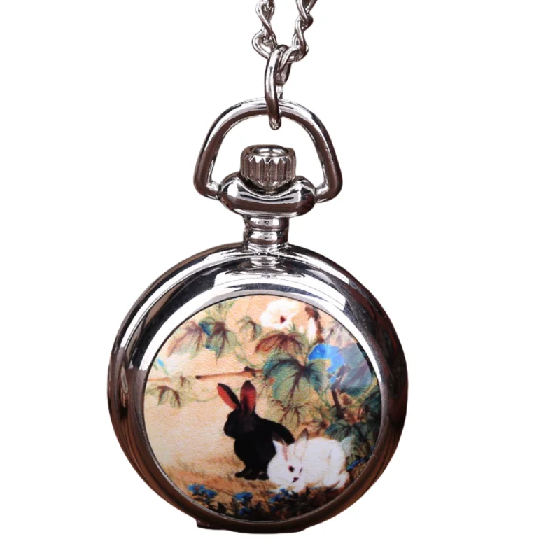 Cute Rabbit Colored Glass Retro Pocket Watch Glass Dome Necklace Pendant Watch On Chain Clock Gifts For Women