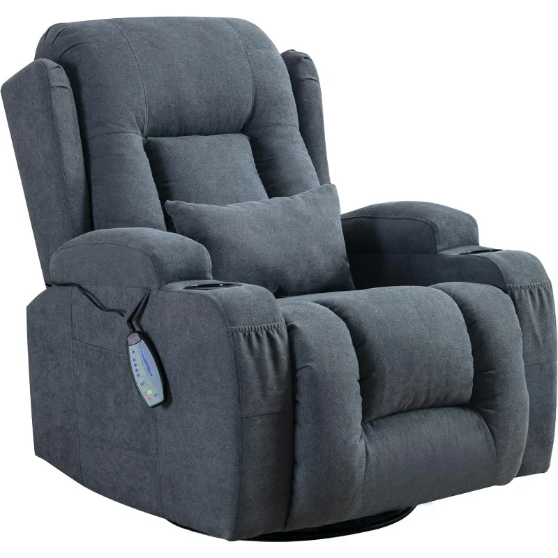 Recliner Chair with Massage and Heat for Adults, Manual Glider 360° Swivel Rocking Chair with Lumbar Pillow, Cup Holders