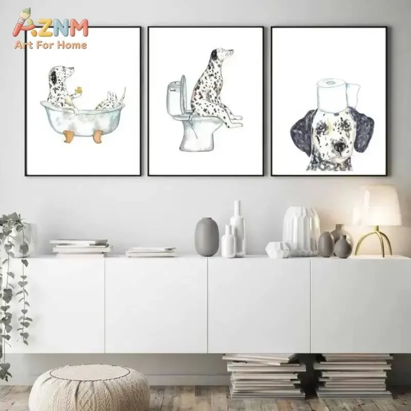 AZNM Frameless Canvas Poster Funny Dog Watercolor Print, Corgi Dalmatian Golden Retriever Bath Toilet Humor Illustration Wall Pi